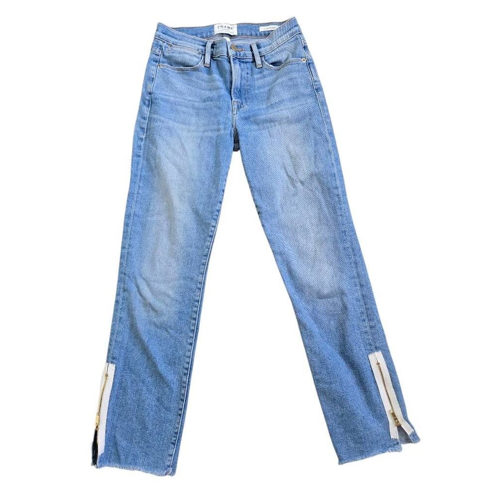 Frame‎ Le High Jeans Women's 25 Blue Denim Frayed Hem Ankle Zip Stretch Straight